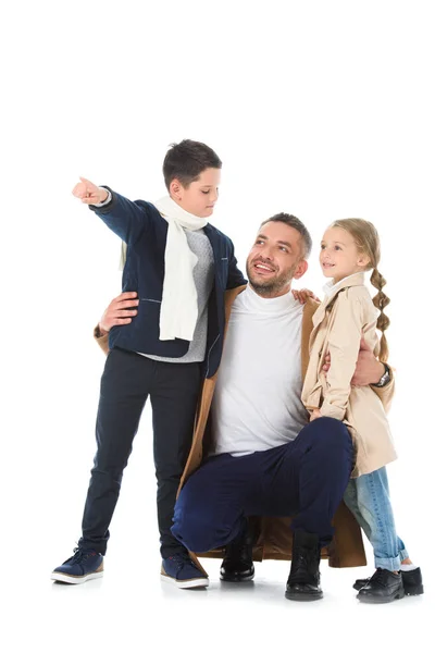 Happy Father Hugging Children Autumn Outfit Boy Showing Something Isolated — Stock Photo, Image