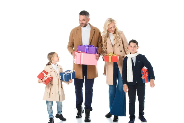 Stylish Family Kids Beige Coats Holding Gift Boxes Isolated White — Free Stock Photo