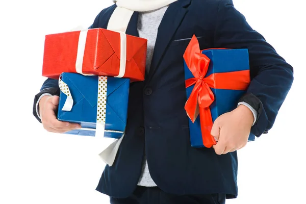 Cropped View Boy Holding Gift Boxes Isolated White — Free Stock Photo