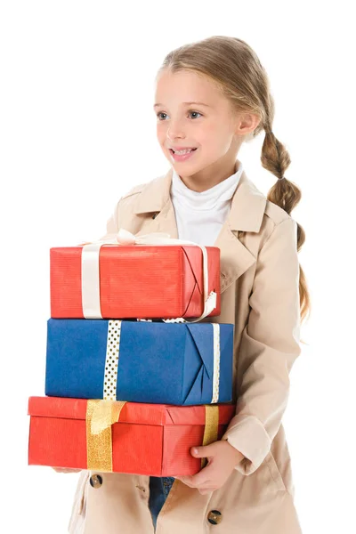 Smiling Kid Beige Coat Holding Gifts Isolated White — Free Stock Photo