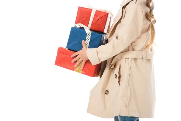 Cropped View Child Beige Coat Holding Presents Isolated White — Free Stock Photo