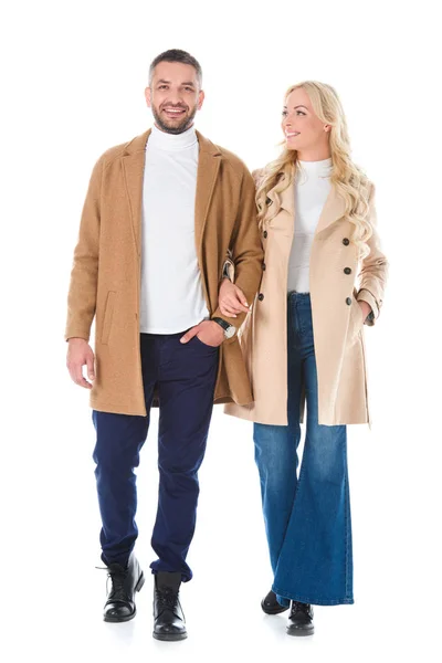 Beautiful Couple Walking Beige Coats Isolated White — Stock Photo, Image