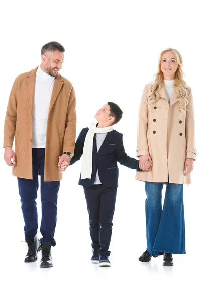 Parents Beige Coats Holding Hands Son Isolated White — Free Stock Photo