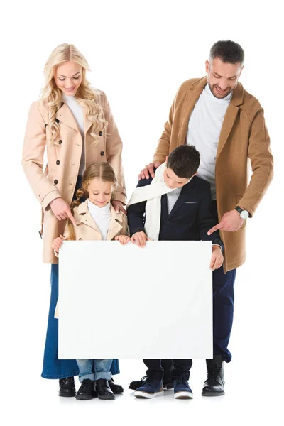 Stylish Family Kids Beige Coats Holding Empty Board Isolated White — Stock Photo, Image