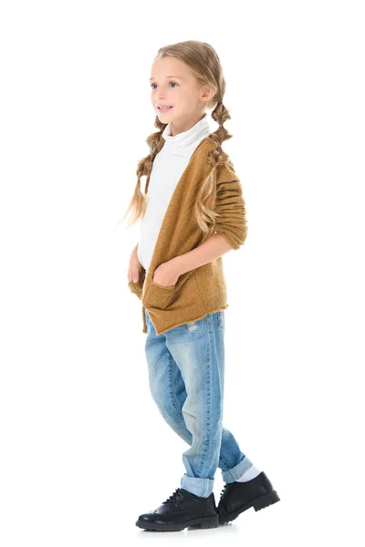 Adorable Niño Posando Traje Otoño Moda Aislado Blanco — Foto de stock gratis