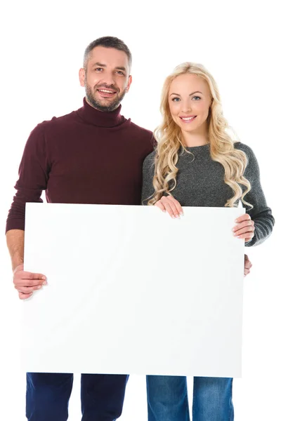 Smiling Couple Autumn Outfit Holding Empty Board Isolated White — Stock Photo, Image