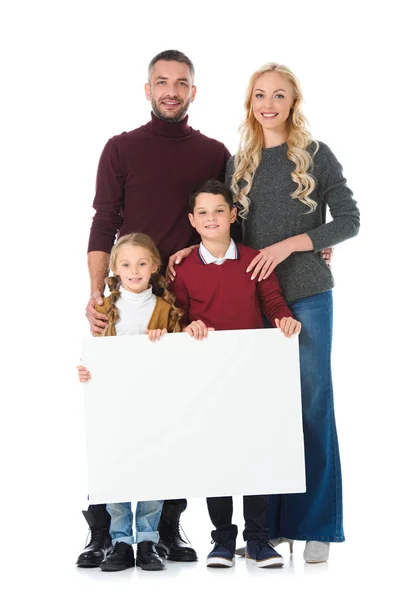 Glückliche Familie Und Kinder Mit Leerem Plakat Isoliert Auf Weiß — Stockfoto