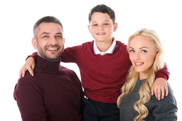 Familia Feliz Abrazo Con Hijo Traje Otoño Aislado Blanco —  Fotos de Stock