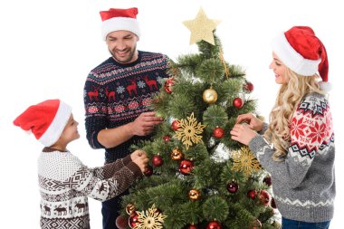 Anne ile oğlu ile Noel ağacı, beyaz izole dekorasyon Noel Baba şapkaları