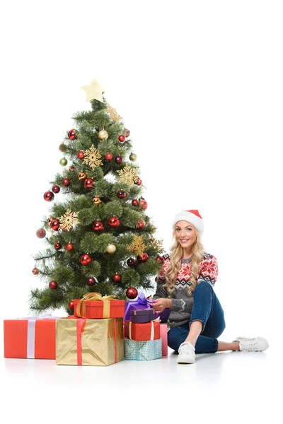 Beautiful Woman Putting Gift Boxes Christmas Tree Isolated White — Stock Photo, Image