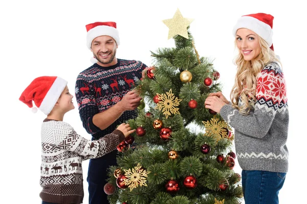 Family Son Santa Hats Decorating Christmas Tree Together Isolated White — Stock Photo, Image