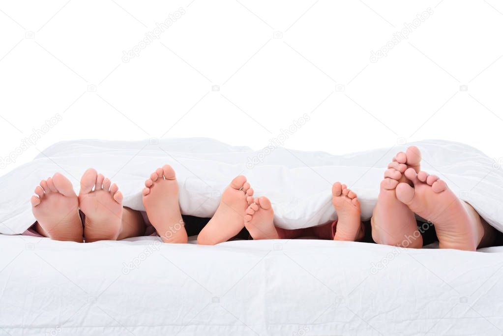 parents and kids feet in bed under white blanket, isolated on white