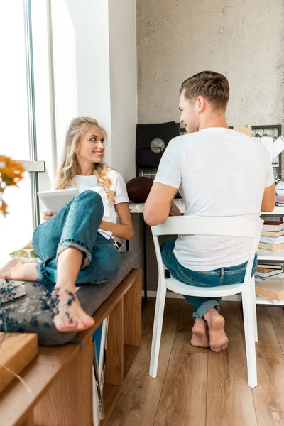 Smiling Woman Tablet Sitting Boyfriend Home — Stock Photo, Image