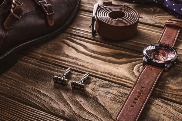 Close View Leather Male Accessories Shoes Arranged Wooden Tabletop — Stock Photo, Image