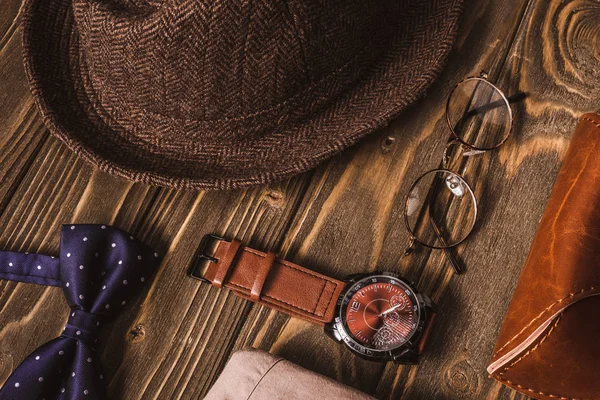 Close View Arrangement Masculine Accessroies Wooden Tabletop — Stock Photo, Image