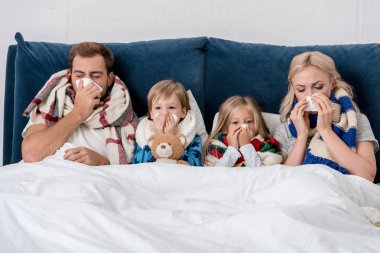 sick young family blowing noses with napkins together while lying in bed clipart