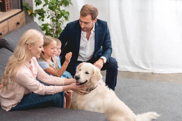 High Angle View Happy Young Family Petting Dog While Sitting — Stock Photo, Image