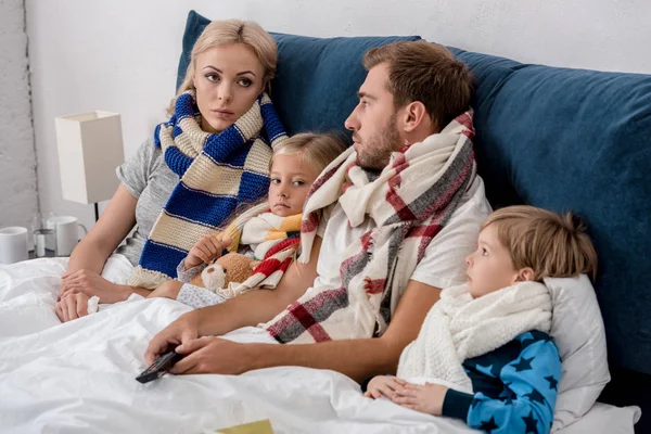 Sick Young Family Scarves Looking Each Other While Lying Bed — Stock Photo, Image