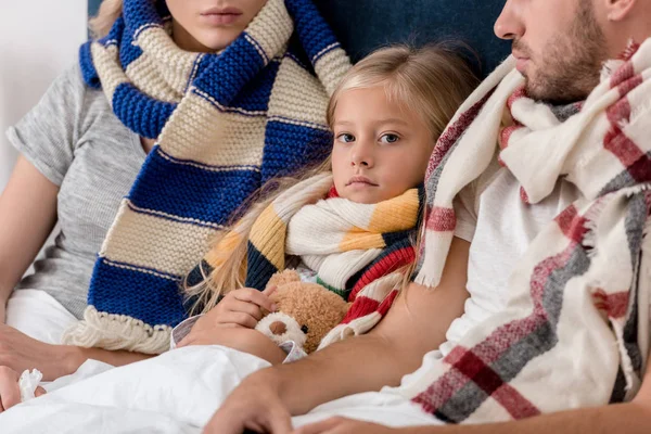 Close Portrait Little Sick Child Lying Bed Parents Scarves — Stock Photo, Image