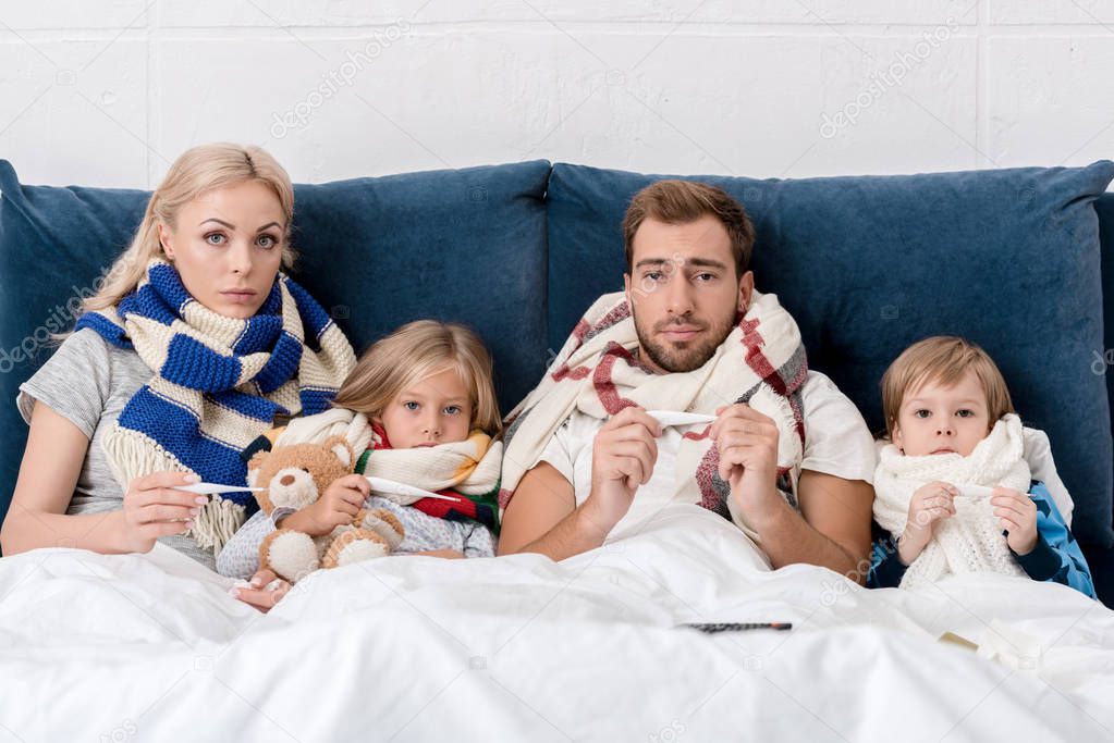 sick young family in scarves holding electric thermometers and looking at camera while lying in bed