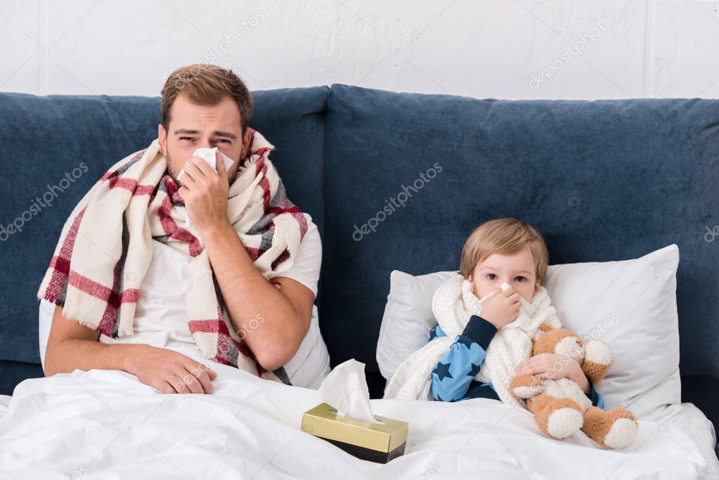 sick father and son blowing noses with paper napkins while lying in bed and looking at camera