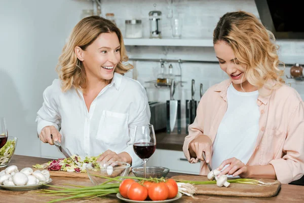 Happy Mature Mother Adult Daughter Making Salad Together Kitchen — Stock Photo, Image