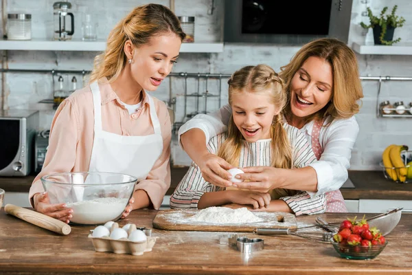 Happy Laughing Child Mother Grandmother Making Dough Flour Egg Together — Stock Photo, Image