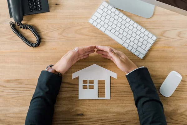 Partial View Businessman Covering House Paper Model Hands Workplace Keyboard Stock Picture