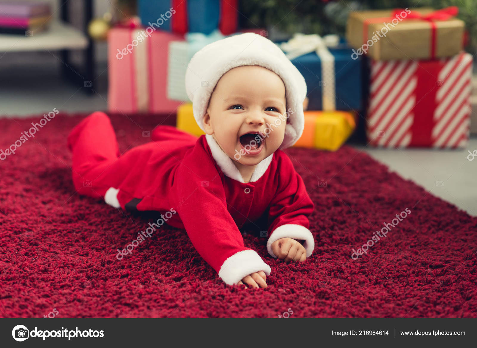 Laughing Little Baby Santa Suit Lying ...