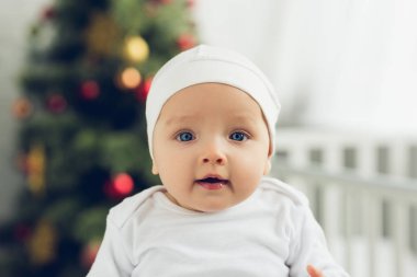 yakın çekim kamera ile bulanık Noel ağacı arka plan üzerinde seyir beyaz şapkalı küçük bebek portresi