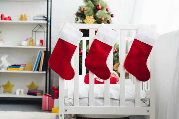 Gift Socks Hanging Infant Bed Little Baby Santa Suit — Stock Photo, Image