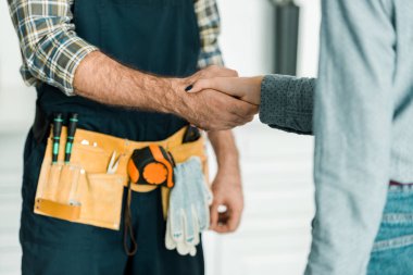 cropped image of plumber and customer shaking hands in kitchen