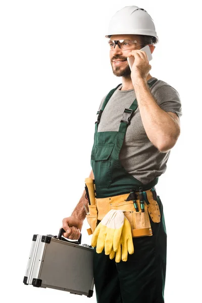 Handsome Electrician Talking Smartphone Holding Toolbox Isolated White — Stock Photo, Image