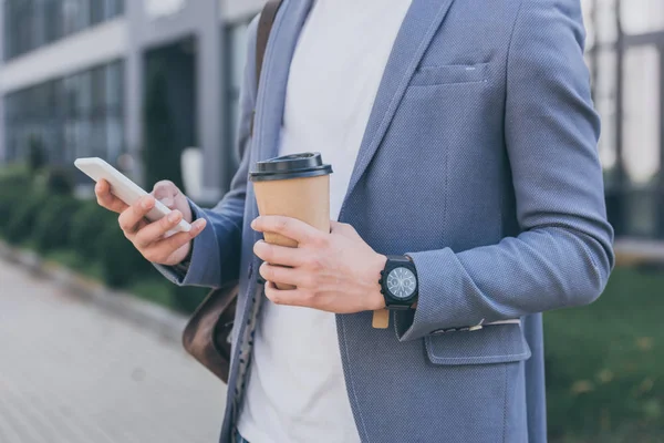Cropped View Man Gray Jacket Holding Disposable Cup Coffee Using — Stock Photo, Image