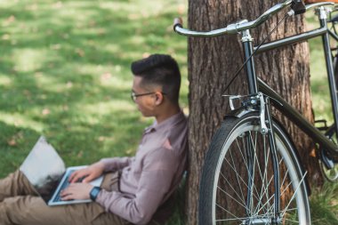 Genç Asyalı Freelancer park içinde laptop üzerinde seçici odak