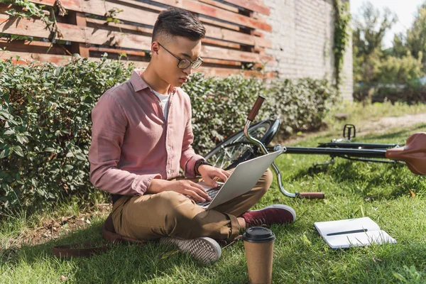 Focado Asiático Freelancer Trabalhando Laptop Grama Verde Com Café Para — Fotografia de Stock