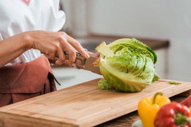 cropped image of woman preparing salad for dinner and cutting cabbage at home clipart