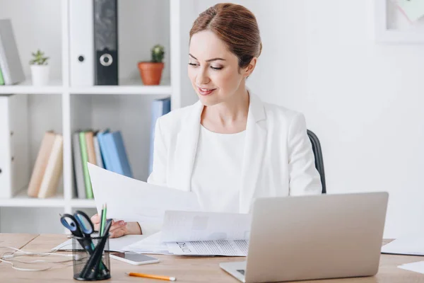 Beautiful Executive Businesswoman Working Documents Laptop Workplace Modern Office — Stock Photo, Image