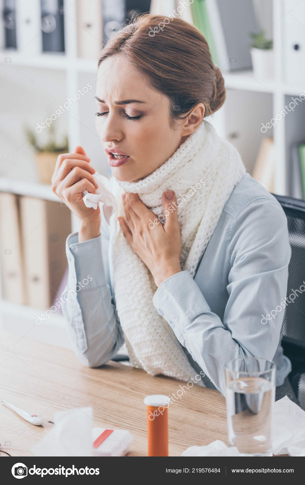 Adult Sick Businesswoman Cough Sitting Workplace Scarf — Stock Photo © AndrewLozovyi 219576484
