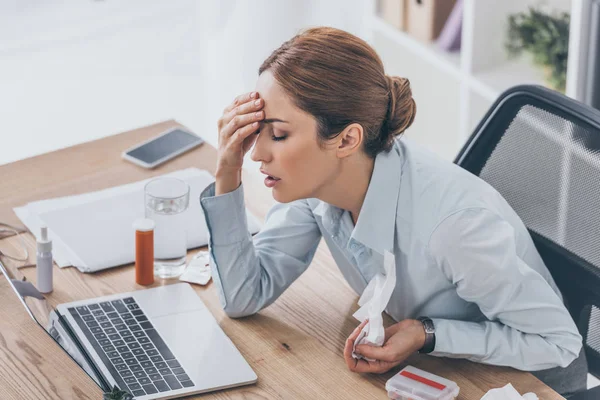 Suffering Sick Businesswoman Sitting Workplace Various Medicines — Stock Photo, Image