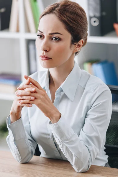 Close Portrait Thoughtful Businesswoman Sitting Workplace Looking Away Office — Stock Photo, Image