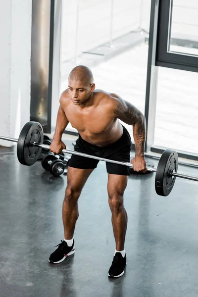 High Angle View Muscular Bare Chested African American Sportsman Lifting — Stock Photo, Image