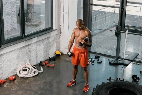 High Angle View Muscular Shirtless African American Sportsman Exercising Dumbbells — Stock Photo, Image