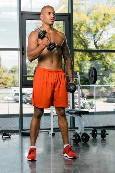 Selective Focus Muscular Shirtless African American Sportsman Exercising Dumbbells Gym — Stock Photo, Image