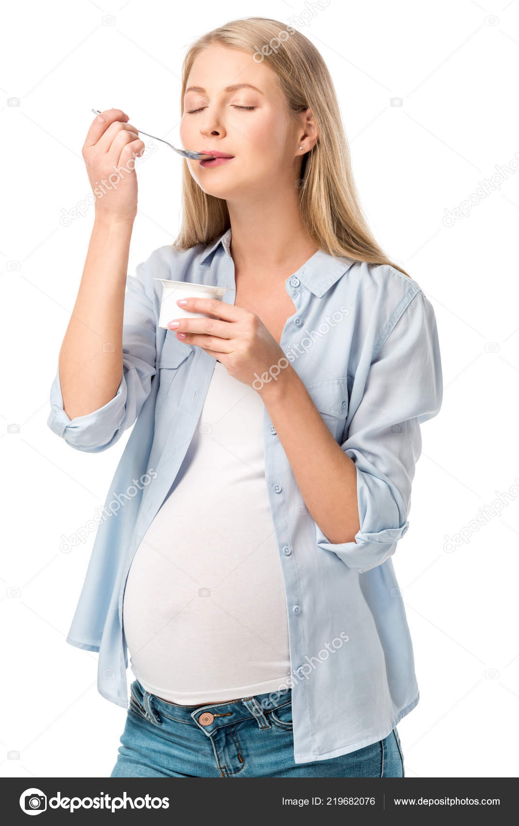 Attractive Pregnant Woman Closed Eyes Eating Yogurt Isolated White Stock  Photo by ©AndrewLozovyi 219682076