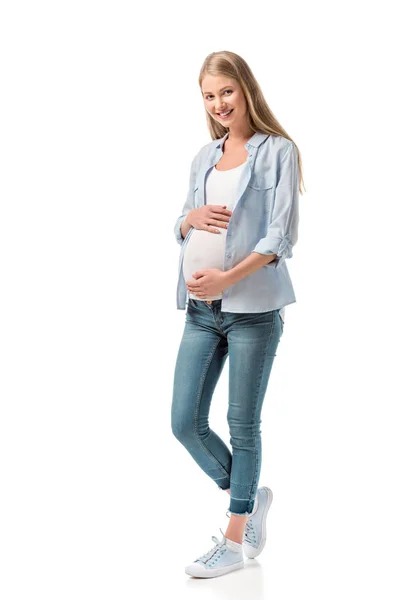Mujer Embarazada Sonriente Ropa Casual Mirando Cámara Aislada Blanco — Foto de Stock