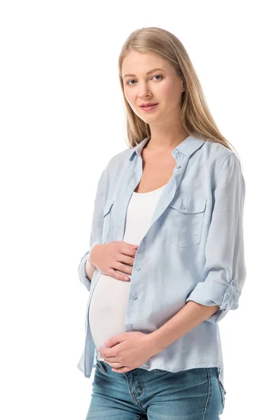 Vacker Gravid Kvinna Casual Kläder Tittar Kameran Isolerad Vit — Stockfoto