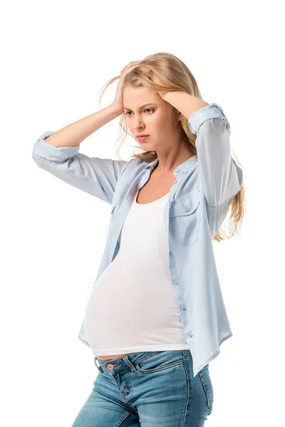 Depressed Pregnant Woman Holding Her Head Looking Away Isolated White — Stock Photo, Image