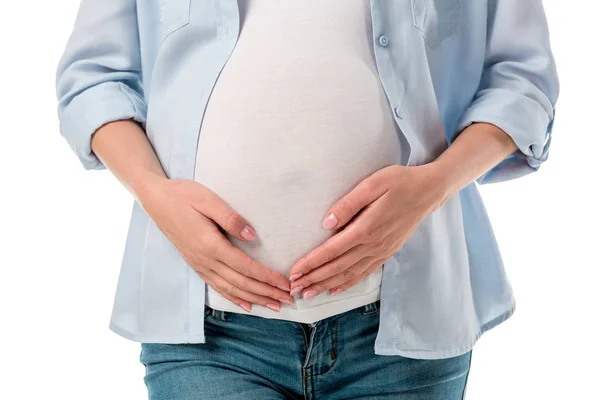 Tiro Recortado Mujer Embarazada Jeans Camisa Que Sostiene Barriga Con — Foto de Stock