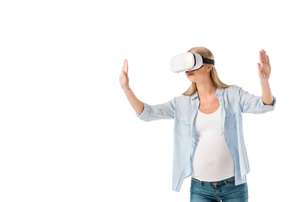 Expressive Pregnant Woman Virtual Reality Headset Gesturing Hands Isolated White — Stock Photo, Image